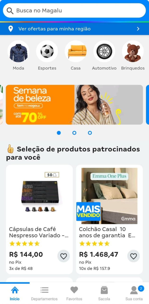 Tela de um produto no Super App Magalu com a vitrine de produtos patrocinados.
